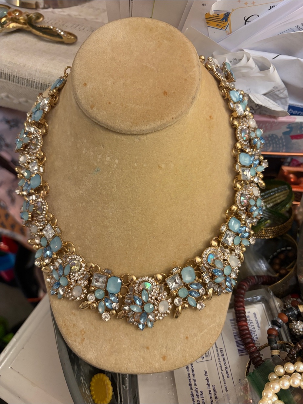 Gold-Tone Aqua & White Crystal Statement Necklace